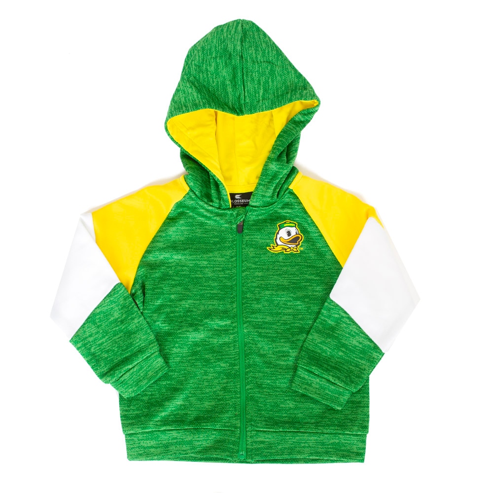 Ducks Spirit, Colosseum, Green, Hoodie, Polyester, Kids, Toddler, Oregon Mascot, Color Block, Full Zip, Sweatshirt, 955865